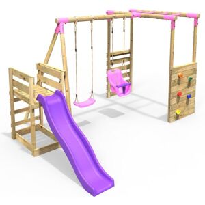 Wooden Children's Swing Set with Monkey Bars plus Deck & 6ft Slide - Double Swing - Luna Pink - Rebo