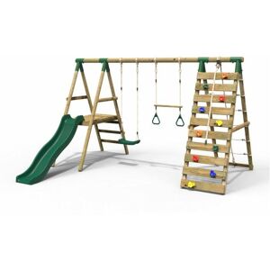 Wooden Swing Set with Deck and Slide plus Up and Over Climbing Wall - Jasper Green - Rebo