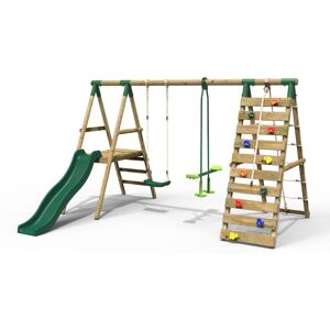 Wooden Swing Set with Deck and Slide plus Up and Over Climbing Wall - Obsidian Green - Rebo