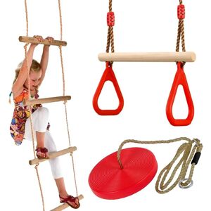 The Magic Toy Shop - Set of Rope Ladder, Wooden Trapeze Swing & Red Plate Seat Outdoor Garden Toy