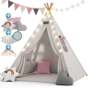 SPIELWERK Children's Teepee Tent Fairy Lights Kid's 2.5cm Floor Play Mat 3 Pillows Cotton Carry Bag Tipi Playhouse Indoor 120x120x160cm Wigwam Candy Pink