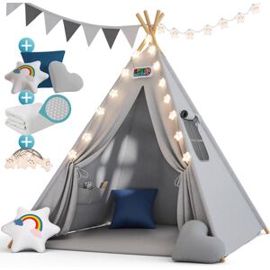 Children's Teepee Tent Fairy Lights Kid's 2.5cm Floor Play Mat 3 Pillows Cotton Carry Bag Tipi Playhouse Indoor 120x120x160cm Wigwam Blue - Spielwerk