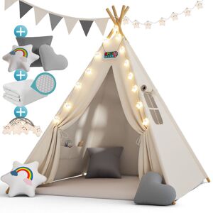 Children's Teepee Tent Fairy Lights Kid's 2.5cm Floor Play Mat 3 Pillows Cotton Carry Bag Tipi Playhouse Indoor 120x120x160cm Wigwam White - Spielwerk