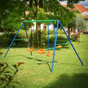 SPIELWERK Deuba Children's Swing Metal Frame 180kg 397 lbs 2x Swing 1x Seesaw Swing 4 Seats Plate Garden Outdoor Toy Fun Activity Kids Playground