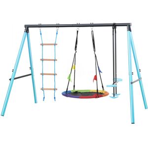 MODERNLUXE 3 in 1 Swing Set with Climbing Ladder 3 Seats Outdoor Kids Play Frame, Metal Blue