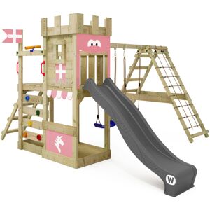 WICKEY Wooden climbing frame DragonFlyer with swing set and slide, Knight's playcastle with sandpit, climbing ladder & play-accessories - anthracite