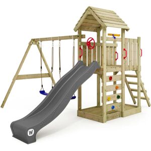 wickey Wooden climbing frame MultiFlyer with wooden roof, swing set and slide, Garden playhouse with sandpit, climbing ladder & play-accessories