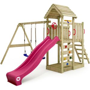 wickey Wooden climbing frame MultiFlyer with wooden roof, swing set and slide, Garden playhouse with sandpit, climbing ladder & play-accessories - violet