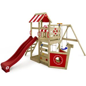 Wickey Wooden climbing frame SeaFlyer with swing set and slide, Playhouse on stilts for kids with sandpit, climbing ladder & play-accessories - red