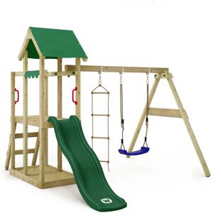 Wooden climbing frame TinyPlace with swing set and slide, Garden playhouse with sandpit, climbing ladder & play-accessories - green - green - Wickey