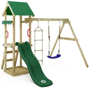 Wooden climbing frame TinyCabin with swing set and slide, Garden playhouse with sandpit, climbing ladder & play-accessories - green - green - Wickey