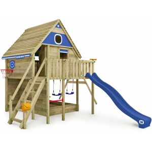 Wooden Tower Playhouse Smart FamilyHouse with swing & slide, Treehouse with sandpit, climbing ladder & play accessories - blue - blue - Wickey