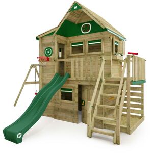 Wooden Tower Playhouse Smart ArtHouse with swing & slide, Treehouse with sandpit, climbing ladder & play accessories - blue - green - Wickey