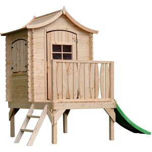 TIMBELA Wooden Playhouse for Kids Outdoor, 19 mm planks - Fun Wendy House Outdoor Play - Garden Play House for Kids with slide H212 x 175 x 146 cm / 1.1 m2