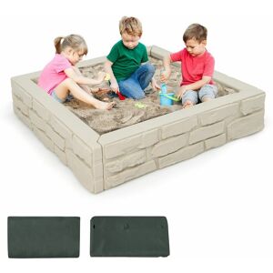 COSTWAY Wooden Sandbox Kids Sand Pit Backyard Square Sandpit with Cover and Bottom Liner