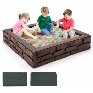 COSTWAY Wooden Sandbox Kids Sand Pit Backyard Square Sandpit with Cover and Bottom Liner