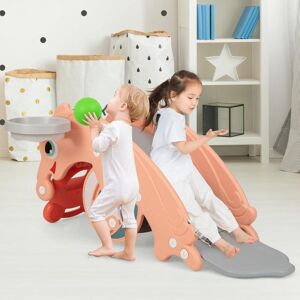 Costway - 3-in-1 Kids Slide Convertible Toddler Slide Rocking Horse Set with Basketball Hoop & Dolphin Patterns