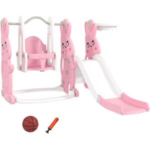 Aiyaplay - 4 in 1 Kids Slide and Swing Set with Climber, Basketball Hoop, Pink