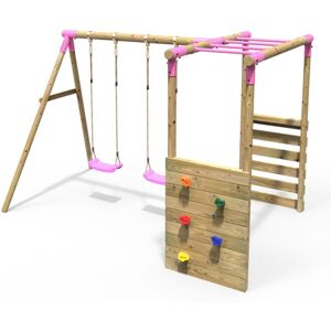 Rebo - Wooden Children's Garden Swing Set with Monkey Bars - Double Swing - Venus Pink