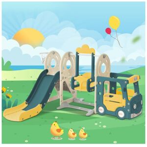 DEWDAT Slide for children. 5 in 1 children's slide combination, Multifunctional slide with bus, swing, slide, stepladder, basketball hoop and matching
