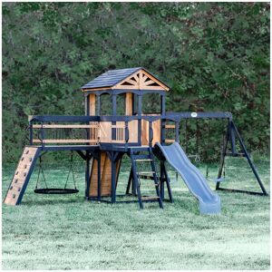 Backyard Discovery - Timber Crossing Wooden Climbing Frame with 2 x Swings, Trapeze, Web Swing and 1 x Slide Backyard Discovery - Timber Crossing Wooden Climbing Frame with 2 x Swings, Trapeze, Web Swing and 1 x Slide