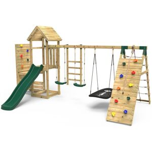 Rebo - Wooden Climbing Frame with Vertical Rock Wall, Swing Set and Slide - Pyrennes+ Rebo - Wooden Climbing Frame with Vertical Rock Wall, Swing Set and Slide - Pyrennes+