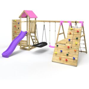 Rebo - Wooden Climbing Frame with Vertical Rock Wall, Swing Set and Slide - San Luis+ Pink Rebo - Wooden Climbing Frame with Vertical Rock Wall, Swing Set and Slide - San Luis+ Pink