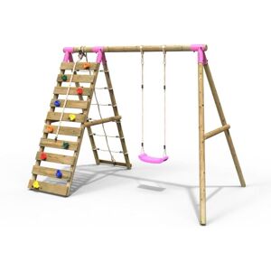 Rebo - Wooden Swing Set with Up and Over Climbing Wall - Aria Pink Rebo - Wooden Swing Set with Up and Over Climbing Wall - Aria Pink