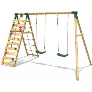 Rebo - Wooden Swing Set with Up and Over Climbing Wall - Ela Green Rebo - Wooden Swing Set with Up and Over Climbing Wall - Ela Green