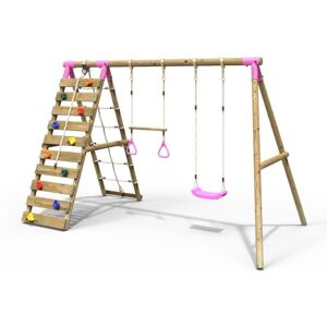 Rebo - Wooden Swing Set with Up and Over Climbing Wall - Savannah Pink Rebo - Wooden Swing Set with Up and Over Climbing Wall - Savannah Pink
