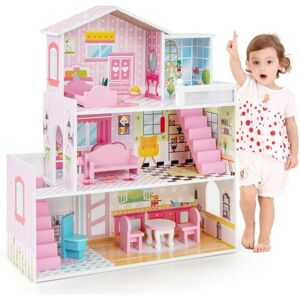 Costway - Wooden Dollhouse Playset 3-Floor Family Play House w/ 5 Simulated Rooms Costway - Wooden Dollhouse Playset 3-Floor Family Play House w/ 5 Simulated Rooms
