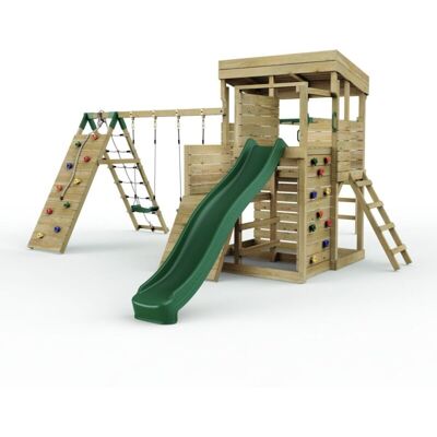 REBO 2 Tier XL Lookout Tower Playhouse with Double Swing and Monkey Bars plus Climbing Wall and Slide REBO 2 Tier XL Lookout Tower Playhouse with Double Swing and Monkey Bars plus Climbing Wall and Slide