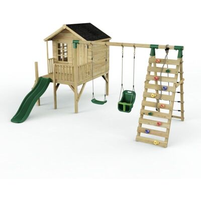 Rebo Playhouse and Double Swing Set with Climbing Wall and Slide - Luna Green Rebo Playhouse and Double Swing Set with Climbing Wall and Slide - Luna Green