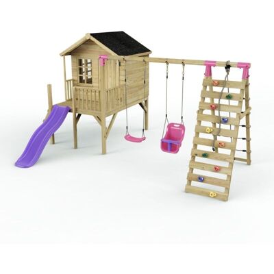 Rebo Playhouse and Double Swing Set with Climbing Wall and Slide - Luna Purple Rebo Playhouse and Double Swing Set with Climbing Wall and Slide - Luna Purple