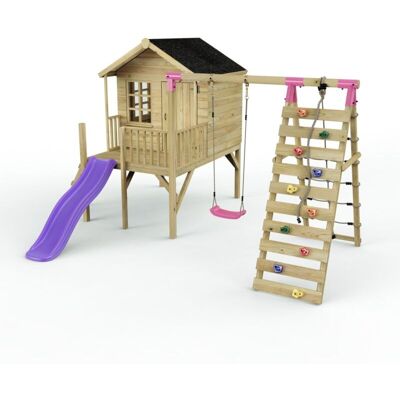 Rebo Playhouse and Single Swing Set with Climbing Wall and Slide - Solar Purple Rebo Playhouse and Single Swing Set with Climbing Wall and Slide - Solar Purple