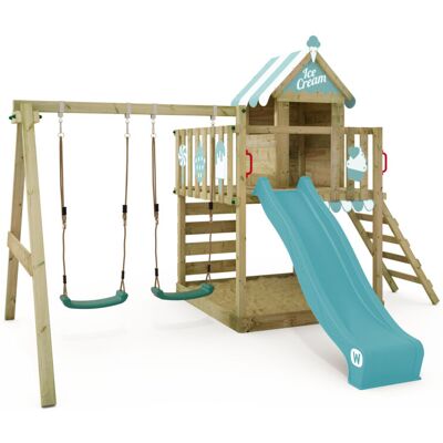 Wickey Wooden climbing frame Smart Candy with swing set and purple slide, Playhouse on stilts for kids with sandpit, climbing ladder & Wickey Wooden climbing frame Smart Candy with swing set and purple slide, Playhouse on stilts for kids with sandpit, climbing ladder &