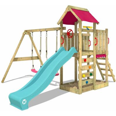 WICKEY Wooden climbing frame MultiFlyer with swing set and slide, Garden playhouse with sandpit, climbing ladder & play-accessories - turquoise WICKEY Wooden climbing frame MultiFlyer with swing set and slide, Garden playhouse with sandpit, climbing ladder & play-accessories - turquoise