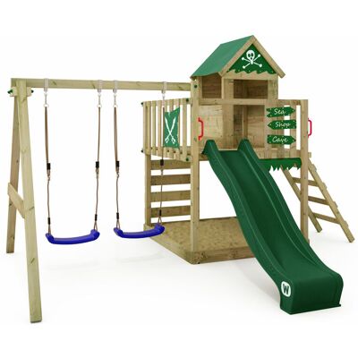 wickey Wooden climbing frame Smart Cave with swing set and slide, Playhouse on stilts for kids with sandpit, climbing ladder & play-accessories - green wickey Wooden climbing frame Smart Cave with swing set and slide, Playhouse on stilts for kids with sandpit, climbing ladder & play-accessories - green