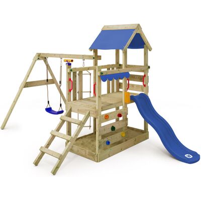 Wickey - Wooden climbing frame TurboFlyer with swing set and slide, Garden playhouse with sandpit, climbing ladder & play-accessories - blue Wickey - Wooden climbing frame TurboFlyer with swing set and slide, Garden playhouse with sandpit, climbing ladder & play-accessories - blue