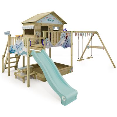 Wooden climbing frame Disney Saga with swing set and slide, Garden playhouse with sandpit, climbing ladder & play-accessories - Frozen - Wickey Wooden climbing frame Disney Saga with swing set and slide, Garden playhouse with sandpit, climbing ladder & play-accessories - Frozen - Wickey