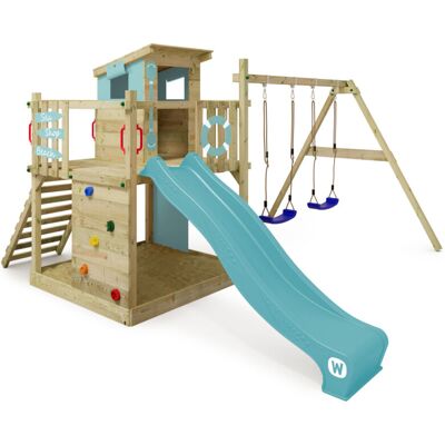 wickey Wooden climbing frame Smart Camp with swing set and slide, Playhouse on stilts for kids with sandpit, climbing ladder & play-accessories - pastel wickey Wooden climbing frame Smart Camp with swing set and slide, Playhouse on stilts for kids with sandpit, climbing ladder & play-accessories - pastel