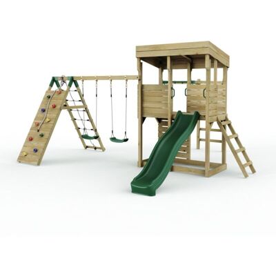 REBO XL Lookout Tower Playhouse with Double Swing and Monkey Bars plus Climbing Wall plus Slide REBO XL Lookout Tower Playhouse with Double Swing and Monkey Bars plus Climbing Wall plus Slide