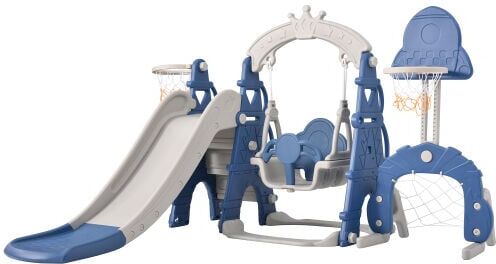 DEWDAT 5 in 1 Multifunctional Children's Slide with Swing, Adjustable Basketball Hoop, Soccer Goal, Climbing Tower, Indoor & Outdoor Backyard Baby Slide Set