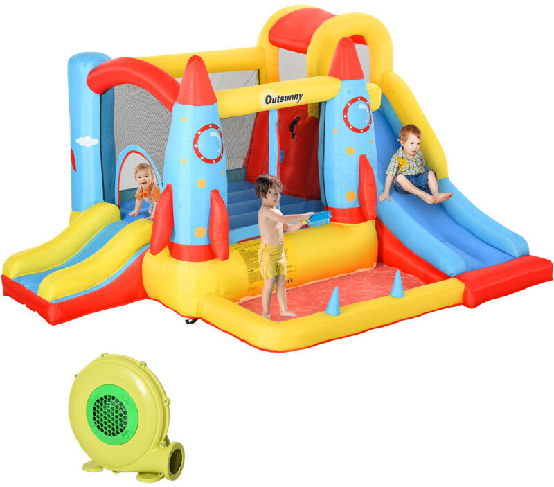 Outsunny - Bouncy Castle with Slide Pool Rocket Trampoline w/ Carrybag Blower