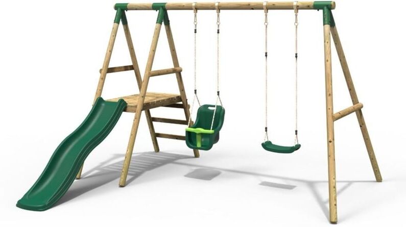 Rebo - Odyssey Wooden Garden Swing Set with Standard Seat, Baby Seat, Platform and Slide - Green