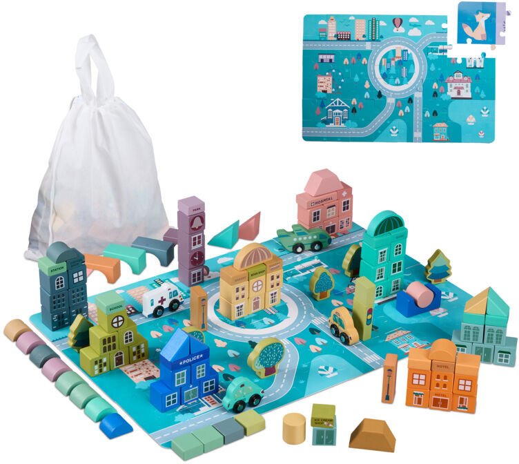 Wooden Blocks Set, 133 Pieces, City Design, Play Mat, Buildings, Letters & Numbers, for Ages 3+, Multicoloured - Relaxdays