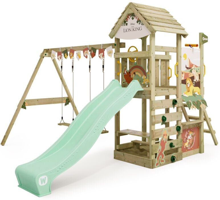 Wooden climbing frame Disney Adventure, swing set and slide, Garden playhouse with sandpit, climbing ladder & play-accessories - Lion King - Wickey