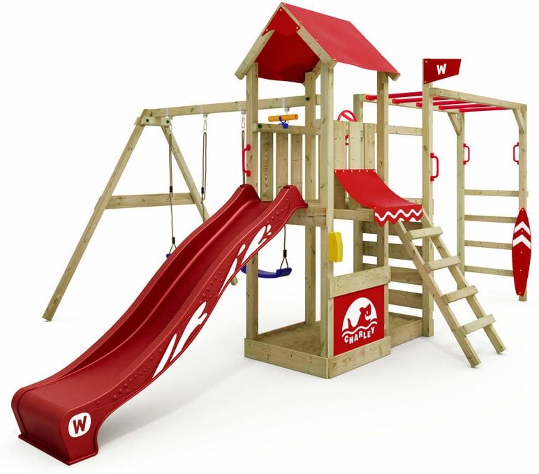 wickey Wooden climbing frame Smart Baboon with swing set and slide, Garden playhouse with monkey bars, sandpit, climbing ladder & play-accessories – blue