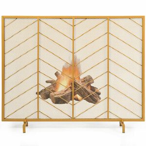 Golden Single Panel Fireplace Screen Decorative Mesh Spark Guard Freestanding - Costway