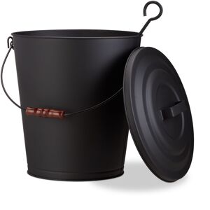 Ash Bucket with Lid, Steel 24 l Charcoal Bin, With Wooden Handle, Black - Relaxdays